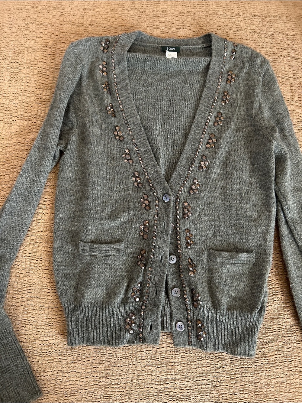 J. Crew Gray Embellished V-Neck Cardigan